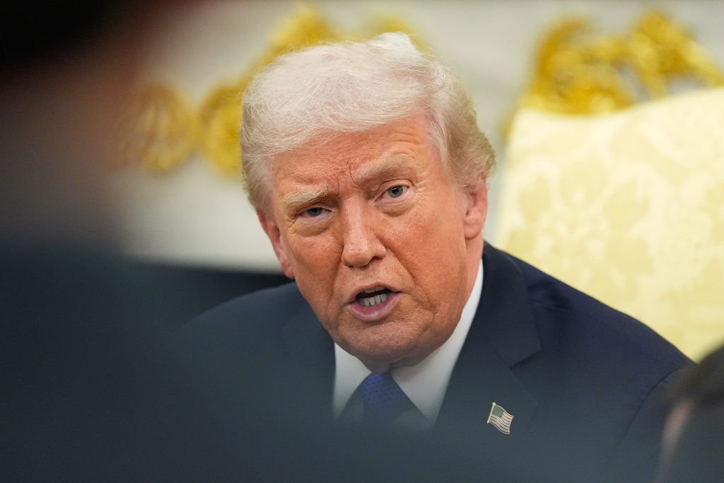 President Donald Trump speaks as he meets with NATO Secretary General Mark Rutte in the Oval Office of the White House, Wednesday, Oct. 22, 2025, in Washington. (AP Photo/Alex Brandon)