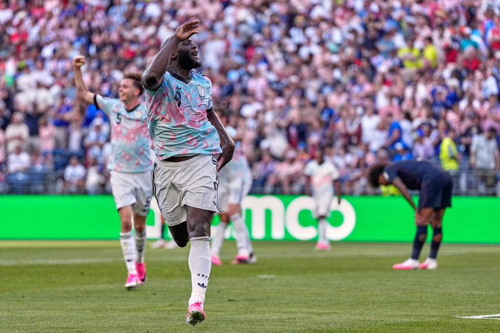 Belgium's Romelu Lukaku (9) celebrates after scoring his team's fourth goal during the World Cup round of 16 soccer match between the United States and Belgium in Seattle, Monday, July 6, 2026. (AP Photo/Lindsey Wasson)
