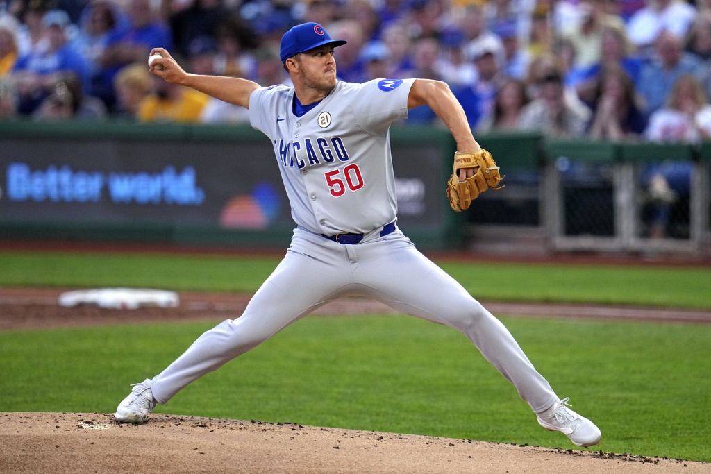 Chicago Cubs pitcher Jameson Taillon delivers during during the first inning of a baseball game against the Pittsburgh Pirates in Pittsburgh, Monday, Sept. 15, 2025. (AP Photo/Gene J. Puskar)