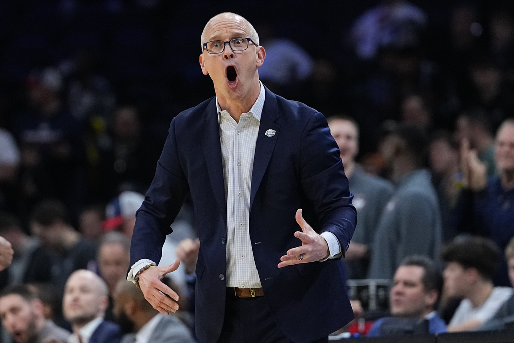 UConn head coach Dan Hurley calls out to his team during the second half in the first round of the NCAA college basketball tournament against Furman, Saturday, March 21, 2026, in Philadelphia. (AP Photo/Matt Rourke)