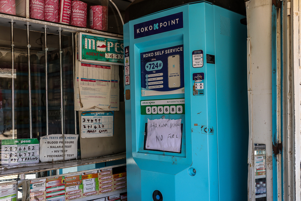 A KOKO Cooker bioethanol fuel distribution booth with out of stock fuel is seen in the Kibera informal settlement on the outskirts of Nairobi, Kenya, Wednesday, Feb. 4, 2026. (AP Photo/Atieno Muyuyi)
