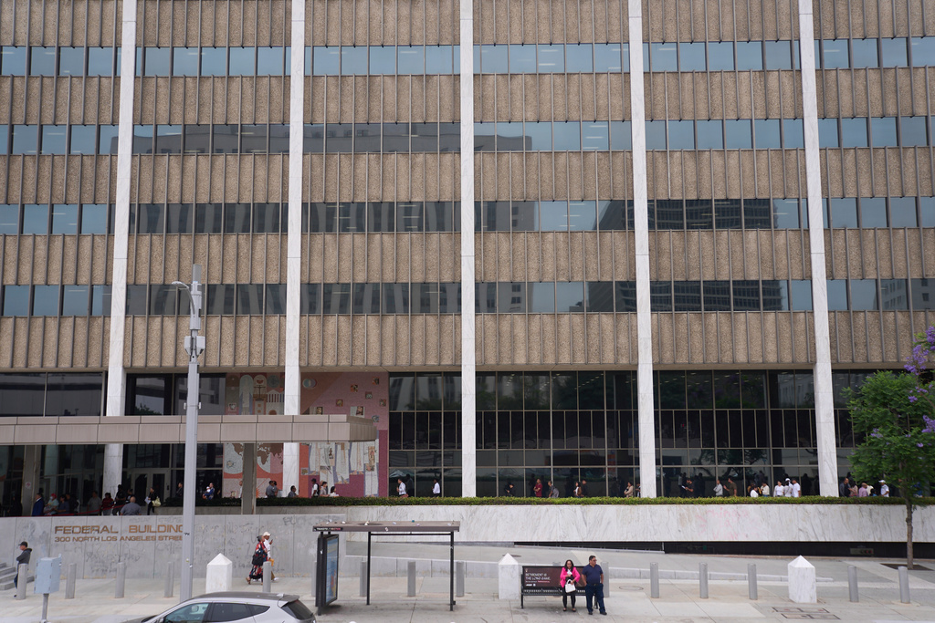 FILE People line up outside the Los Angeles Federal Building in Los Angeles, June 25, 2025. (AP Photo/Damian Dovarganes, File)