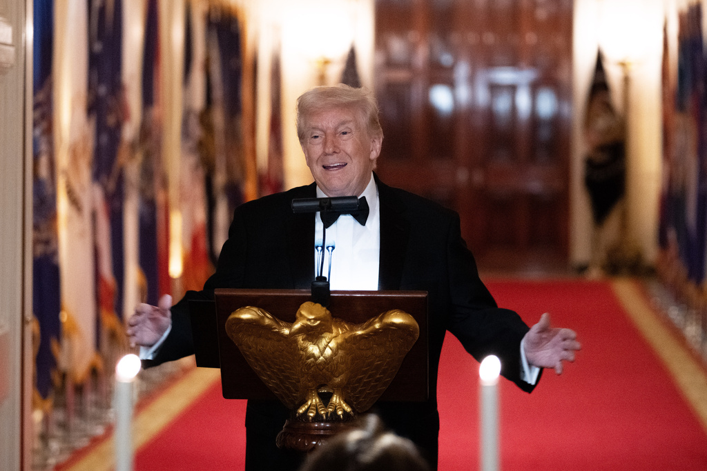 President Donald Trump speaks at the National Governors Association dinner at the White House, Saturday, Feb. 21, 2026, in Washington. (AP Photo/Allison Robbert)