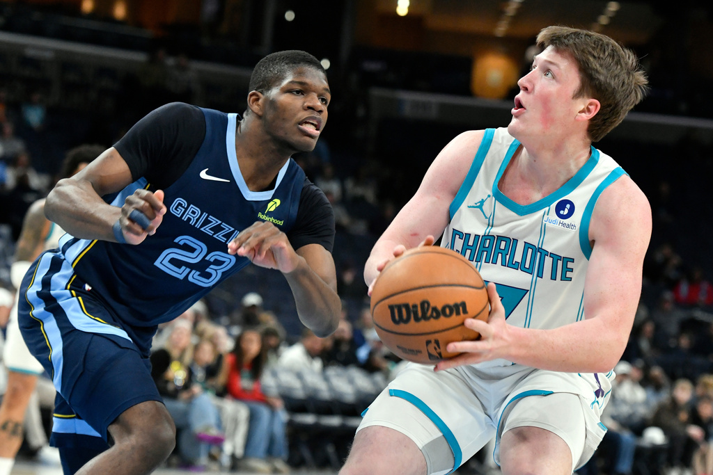 Charlotte Hornets guard Kon Knueppel (7) looks to shoot against Memphis Grizzlies forward Cedric Coward (23) in the first half of an NBA basketball game Wednesday, Jan. 28, 2026, in Memphis, Tenn. (AP Photo/Brandon Dill)