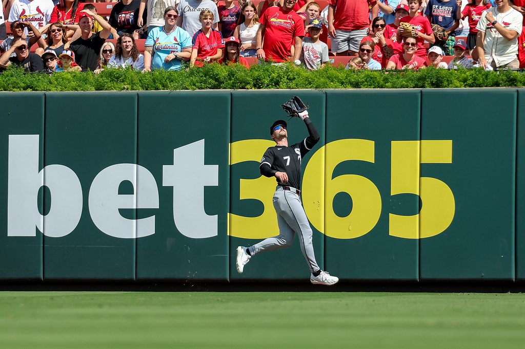 Chicago White Sox's Brenton Doyle catches a fly ball for an out against St. Louis Cardinals' Leo Bernal during the second inning of a baseball game Sunday, Sept. 13, 2026, in St. Louis. (AP Photo/Scott Kane)
