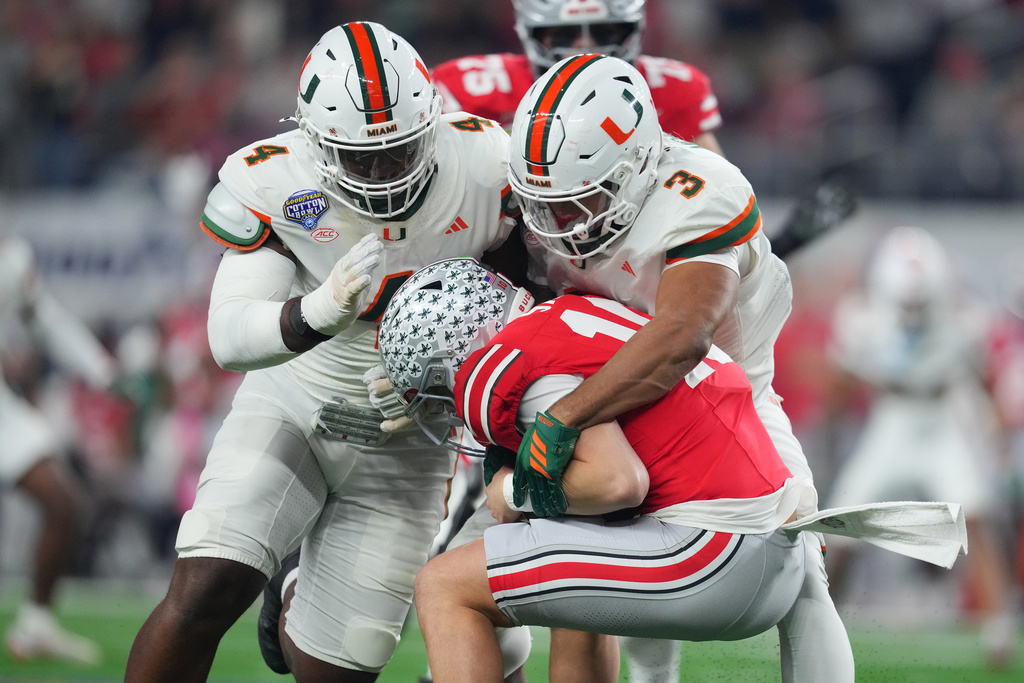 Ohio State quarterback Julian Sayin, center, is sacked by Miami defensive lineman Rueben Bain Jr., left, and defensive lineman Akheem Mesidor during the first half of the Cotton Bowl College Football Playoff quarterfinal game Wednesday, Dec. 31, 2025, in Arlington, Texas. (AP Photo/Julio Cortez)