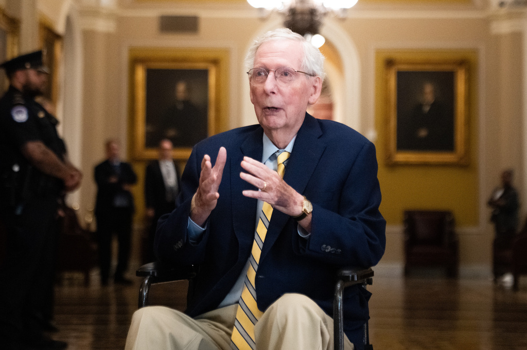 Sen. Mitch McConnell, R-Ky., speaks to reporters at the U.S. Capitol, Monday, Sept. 14, 2026, in Washington. (AP Photo/Allison Robbert)