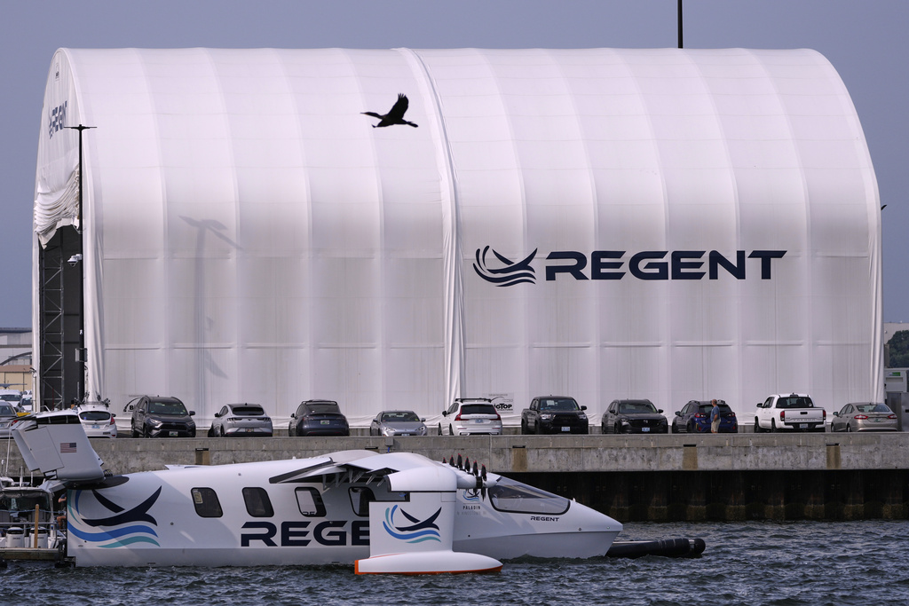 A cormorant flies over the REGENT Viceroy Seaglider, a winged passenger ferry, while tied to a dock on Narragansett Bay prior to a test run, Wednesday, Aug. 6, 2025, in North Kingstown, R.I. (AP Photo/Charles Krupa)