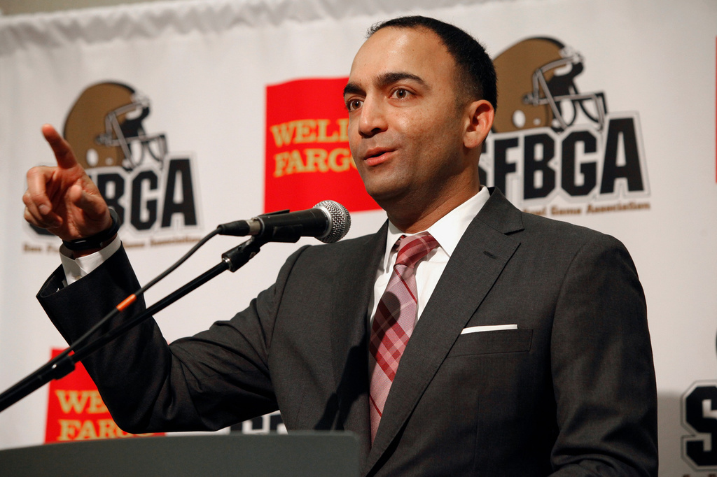 FILE - San Francisco 49ers President Paraag Marathe speaks at the annual Bay Area college football media day at Levi's Stadium on Wednesday, July 30, 2014, in Santa Clara, Calif. (AP Photo/Alex Washburn, File)