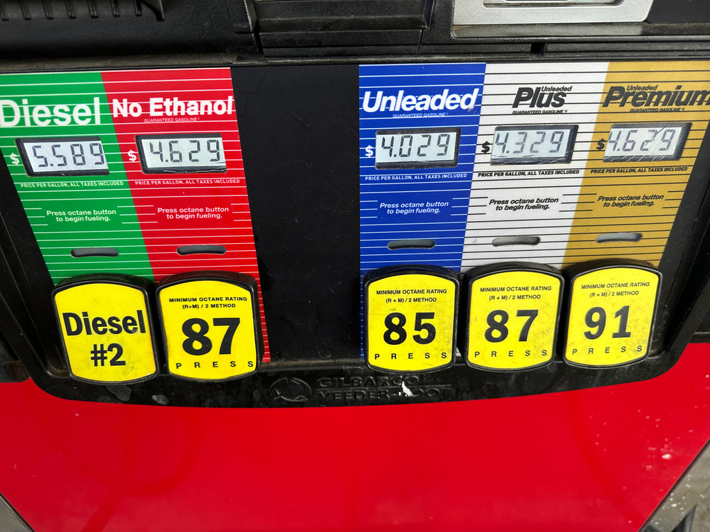 The per-gallon prices are displayed above the various grades of fuel available at a pump at a QuikTrip gasoline station Tuesday, Sept. 15, 2026, in Greenwood Village, Colo. (AP Photo/David Zalubowski)