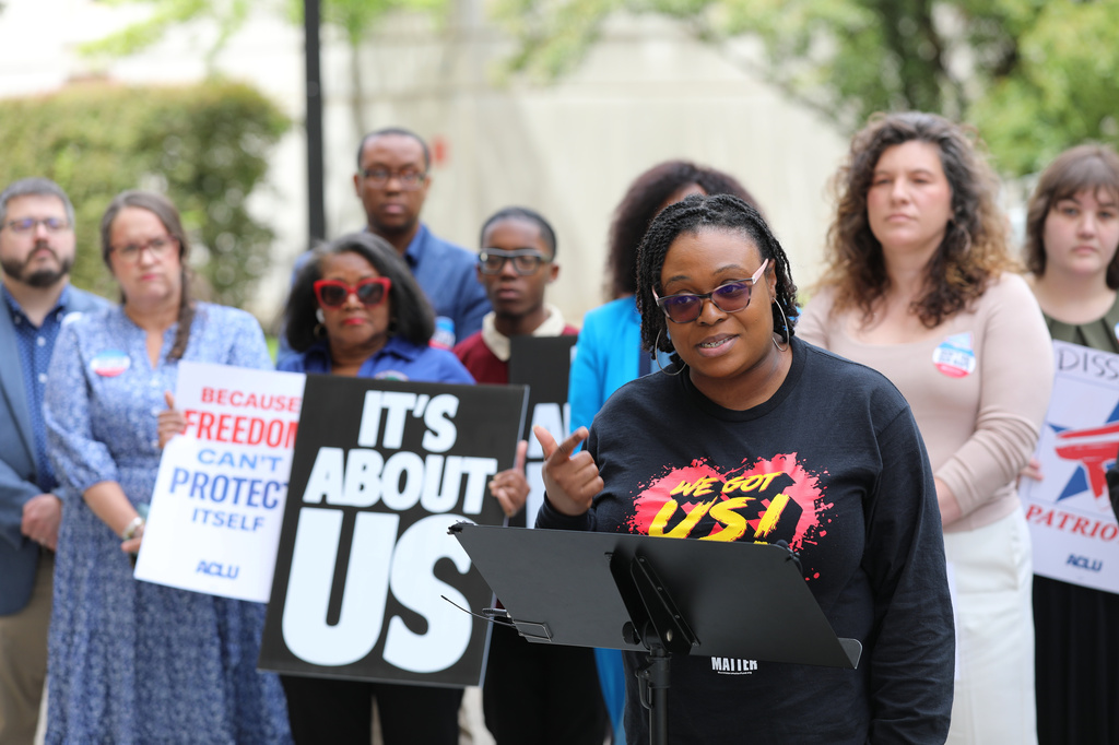 Danielle Brown, National Field Co-Director of Black Voters Matter, speaks about redistricting at the South Carolina Statehouse on Friday, May 8, 2026, in Columbia, S.C. (AP Photo/Jeffrey Collins)