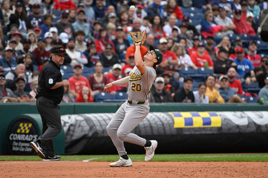 Athletics' Zack Gelof prepares to catch a fly ball by Cleveland Guardians' Jose Ramirez during the sixth inning of a baseball game, Sunday, Sept. 20, 2026, in Cleveland. (AP Photo/Phil Long)