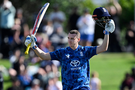 England captain Harry Brook celebrates after reaching a century during the One Day international cricket match between New Zealand and England in Mt Maunganui, New Zealand, Sunday, Oct.26, 2025. (Andrew Cornaga/Photosport via AP) England captain Harry Brook celebrates after reaching a century during the One Day international cricket match between New Zealand and England in Mt Maunganui, New Zealand, Sunday, Oct.26, 2025. (Andrew Cornaga/Photosport via AP)