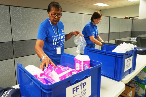Volunteers put together feminine hygiene packages for those affected by Hurricane Melissa in Jamaica Thursday, Oct. 30, 2025, at Food for the Poor in Coconut Creek, Fla. (AP Photo/Marta Lavandier) Volunteers put together feminine hygiene packages for those affected by Hurricane Melissa in Jamaica Thursday, Oct. 30, 2025, at Food for the Poor in Coconut Creek, Fla. (AP Photo/Marta Lavandier)