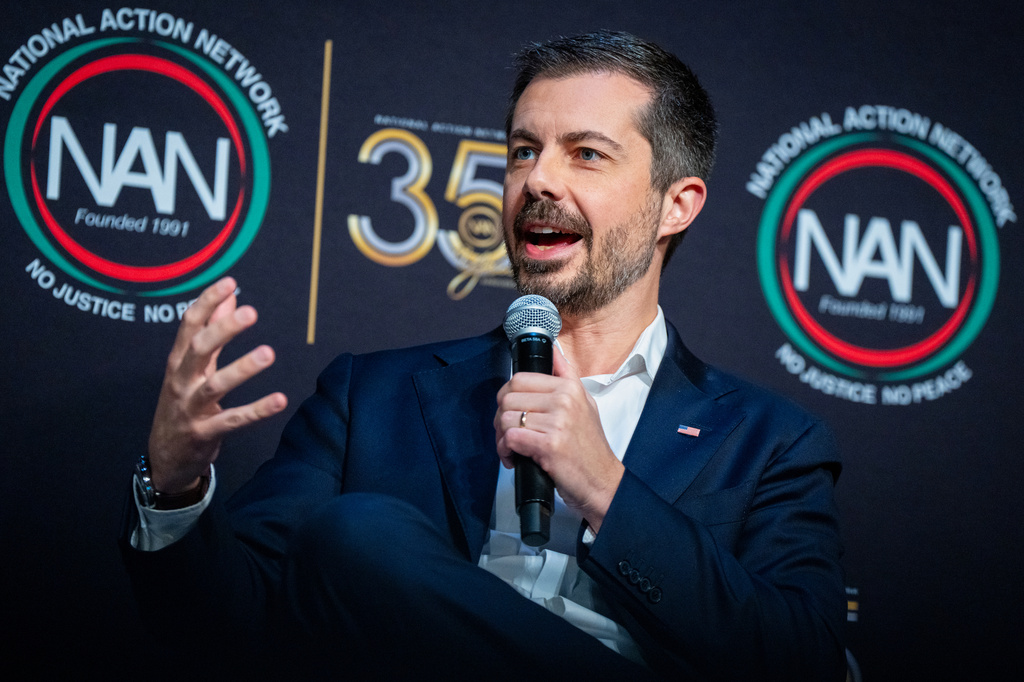FILE - Former Transportation Secretary Pete Buttigieg speaks at the National Action Network (NAN) Convention in New York on April 10, 2026. (AP Photo/Angelina Katsanis, File)