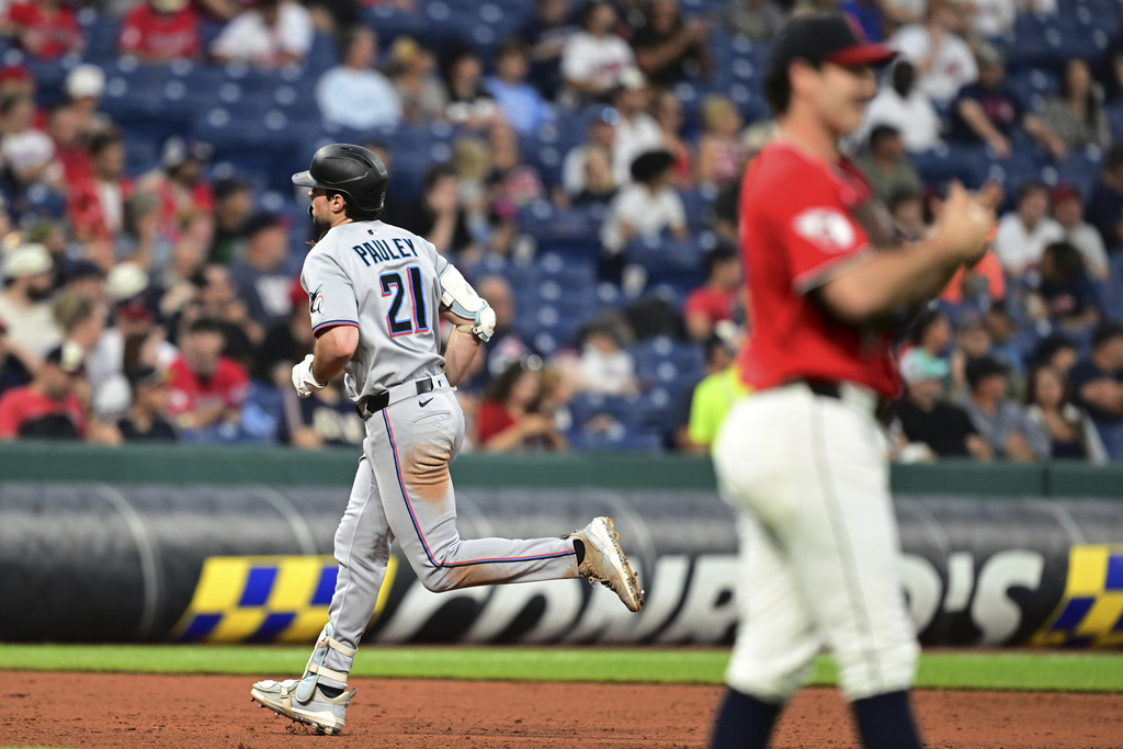 Miami Marlins' Graham Pauley runs the bases after hitting a solo home run off Cleveland Guardians relief pitcher Matt Festa during the sixth inning of a baseball game, Wednesday, Aug. 13, 2025, in Cleveland. (AP Photo/David Dermer)