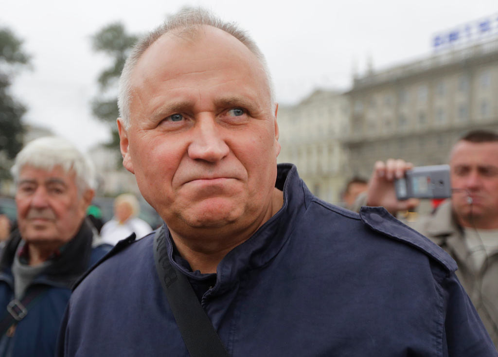 FILE - Veteran Belarusian opposition activist Mikalai Statkevich is seen at a protest in Minsk, Belarus, on Sept. 8, 2017. (AP Photo, File)