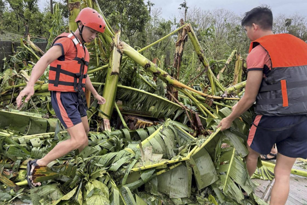 In this photo provided by the Philippine Coast Guard, members of the Philippine Coast Guard clear fallen trees in Virac, Catanduanes as Typhoon Fung-wong affects the country, Sunday, Nov. 9 2025. (Philippine Coast Guard via AP)