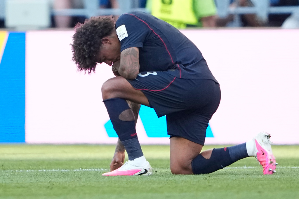 United States' Chris Richards (3) reacts following the World Cup round of 16 soccer match between the United States and Belgium in Seattle, Monday, July 6, 2026. (AP Photo/Lindsey Wasson)