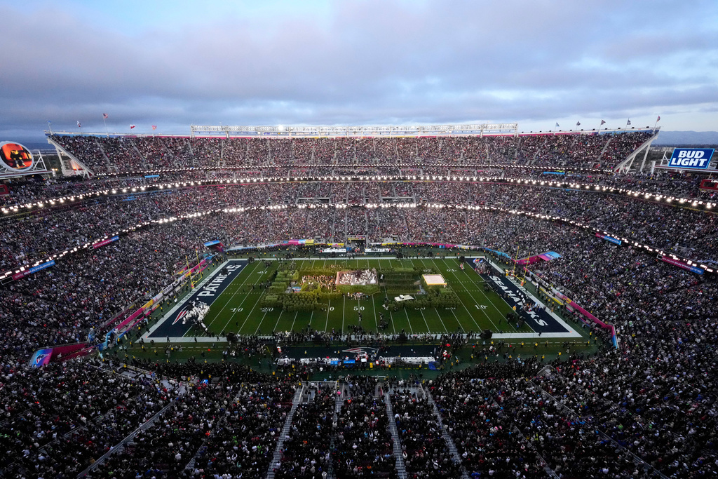 Bad Bunny performs during halftime of the NFL Super Bowl 60 football game between the New England Patriots and the Seattle Seahawks, Sunday, Feb. 8, 2026, in Santa Clara, Calif. (AP Photo/Godofredo A. Vásquez)