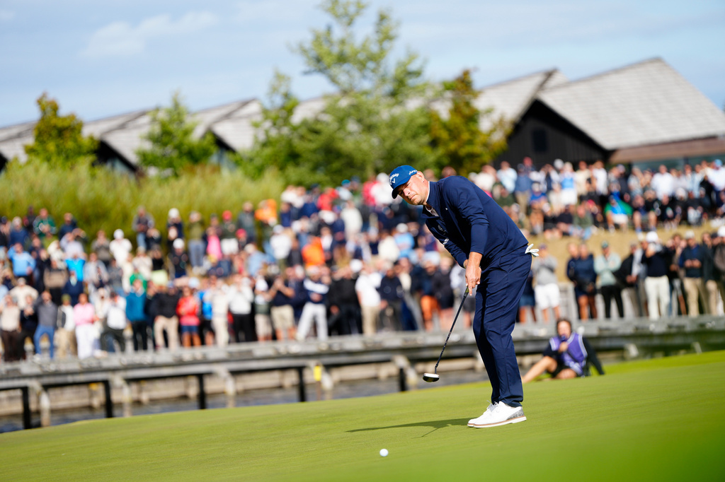 Jeff Winther plays a shot at the Danish Golf Championship in Kerteminde on Sunday, Aug. 16, 2026. (Mads Claus Rasmussen/Ritzau Scanpix via AP)