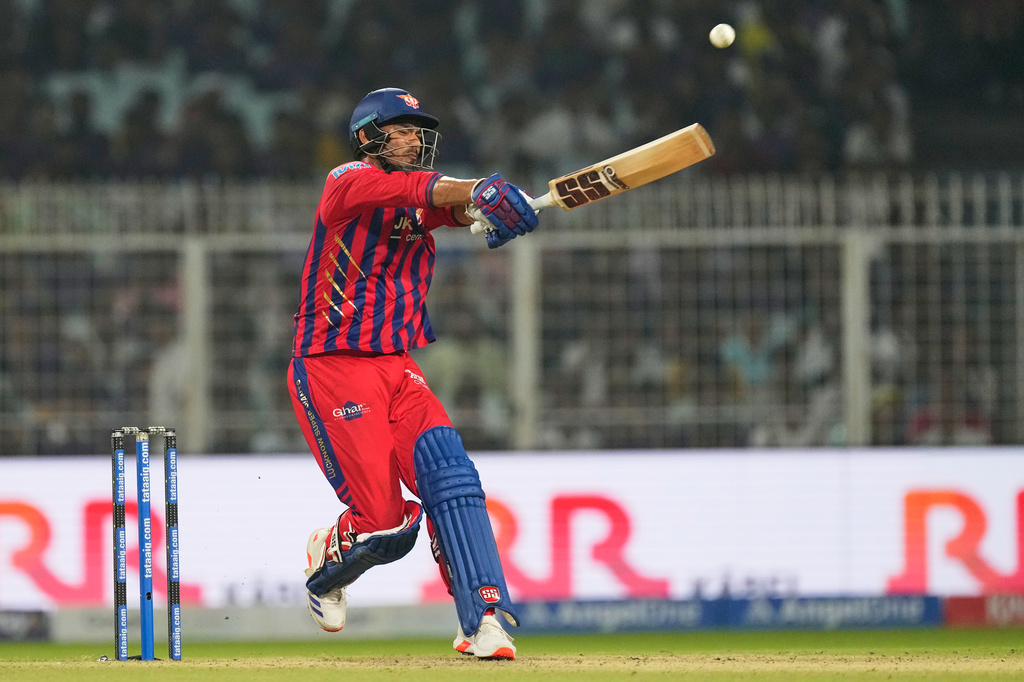 Lucknow Super Giants' Mukul Choudhary plays a shot during the Indian Premier League cricket match between Kolkata Knight Riders and Lucknow Super Giants in Kolkata, India, Thursday, April 9, 2026. (AP Photo/Bikas Das)