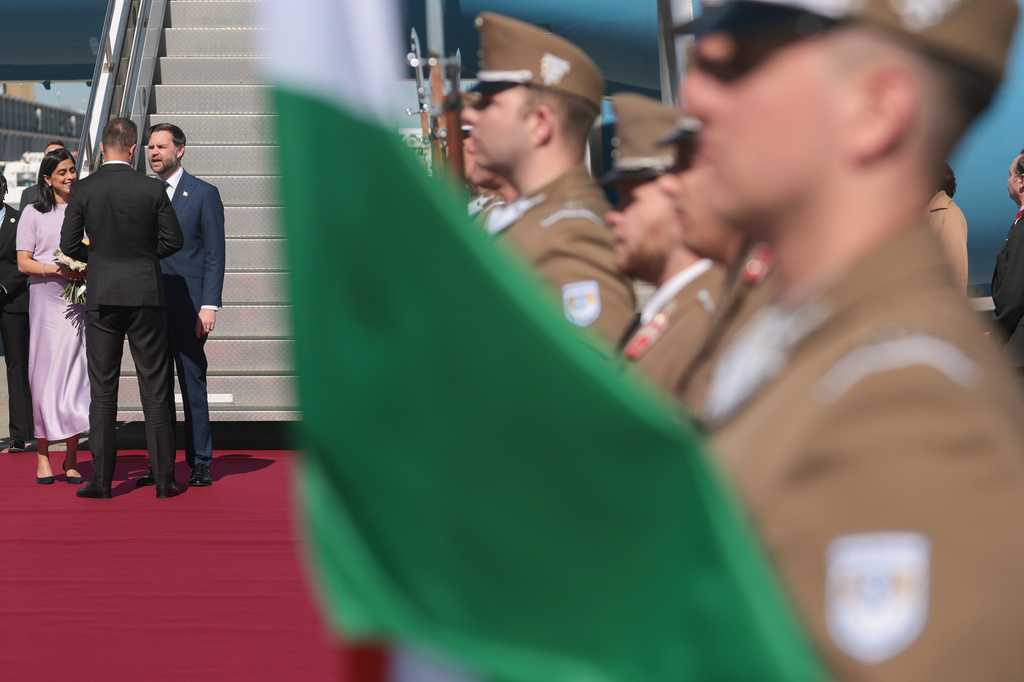 U.S. Vice President JD Vance, third left, and second lady Usha Vance arrive at Budapest Ferenc Liszt International Airport in Budapest, Hungary Tuesday, April 7, 2026. (Jonathan Ernst/Pool Photo via AP)