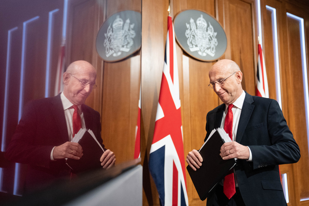 British Defence Secretary John Healey after delivering a speech on how the UK's defence industry is delivering growth and national renewal across the UK, at No 9 Downing Street in central London, Wednesday Nov. 19, 2025. (Stefan Rousseau/Pool Photo via AP)