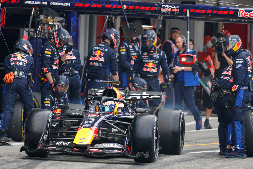 Red Bull driver Max Verstappen of the Netherlands steers his car out of pit lane during the Japanese Formula One Grand Prix in Suzuki, Japan, Sunday, March 29, 2026. (Franck Robichon/Pool Photo via AP)
