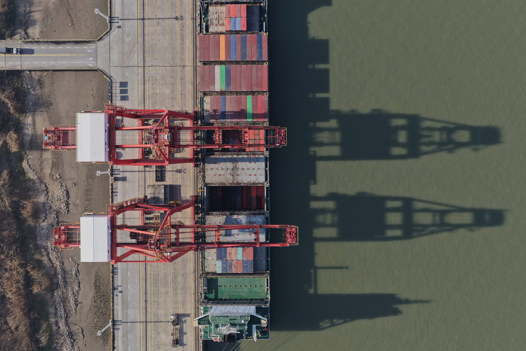 Aerial view of a container terminal in Nanjing in eastern China's Jiangsu province, Wednesday, Jan. 14, 2026. (Chinatopix Via AP)