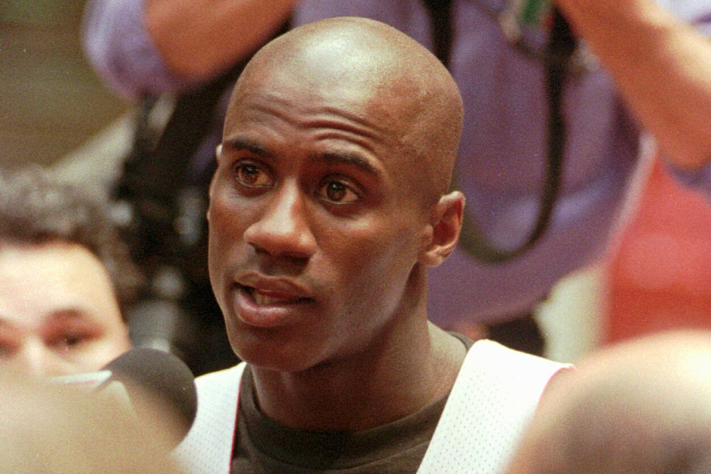 FILE - Houston Rockets Vernon Maxwell, who played college basketball at Florida, speaks with the media after practice June 9, 1994 at the Summit in Houston, as the Rockets prepare for Game 2 of the NBA Finals against the New York Knicks. (AP Photo/Rick Bowmer, File)