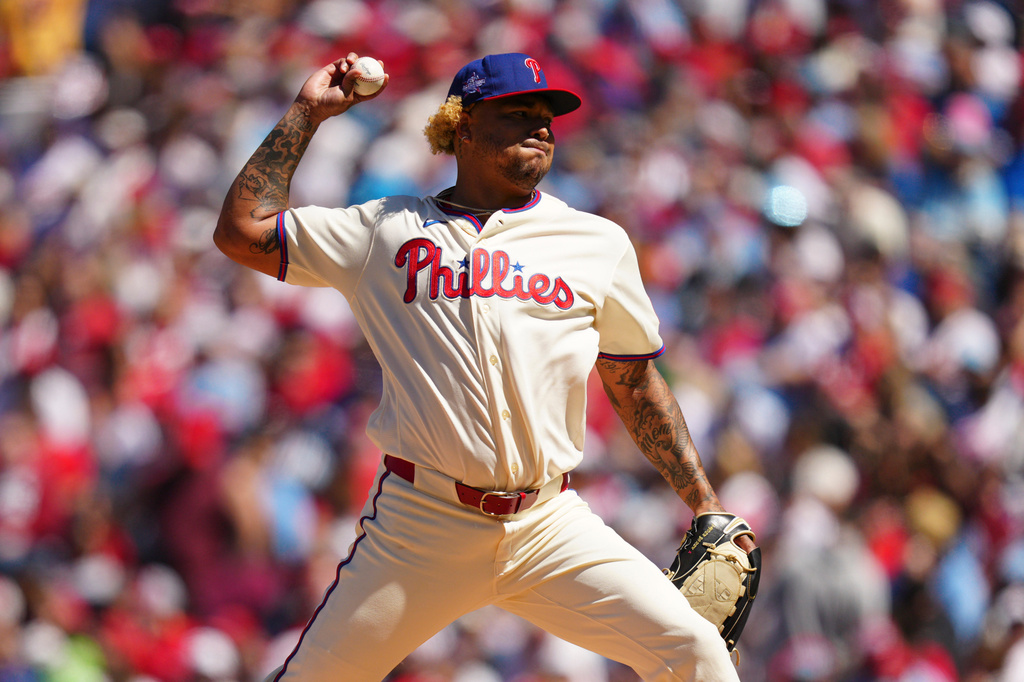 Philadelphia Phillies pitcher Taijuan Walker throws during the third inning of a baseball game against the Arizona Diamondbacks, Saturday, April 11, 2026, in Philadelphia. (AP Photo/Derik Hamilton)