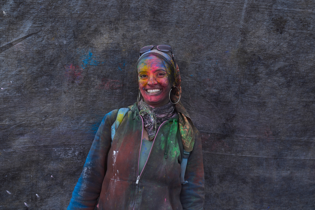 Olga Polichronou, age 31, poses for a photograph as she participates in the annual flour war marking the end of the Carnival season on Clean Monday in Galaxidi, about 200 kilometers (120 miles) west of Athens, Monday Feb. 23, 2026, at the start of the 40-day Christian Lent fast leading to Easter. (AP Photo/Petros Giannakouris)
