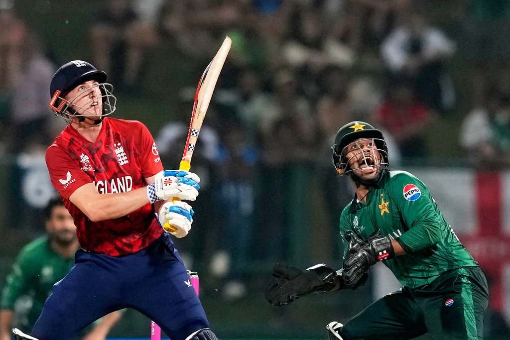 England's captain Harry Brook plays a shot during the T20 World Cup cricket match between England and Pakistan in Pallekele, Sri Lanka, Tuesday, Feb. 24, 2026. (AP Photo/Eranga Jayawardena)
