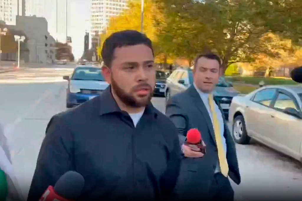 This image taken from video shows Julian Alcala leaving federal court in St. Louis, Friday, Nov. 25, 2024. (Dana Rieck/St. Louis Post-Dispatch via AP)