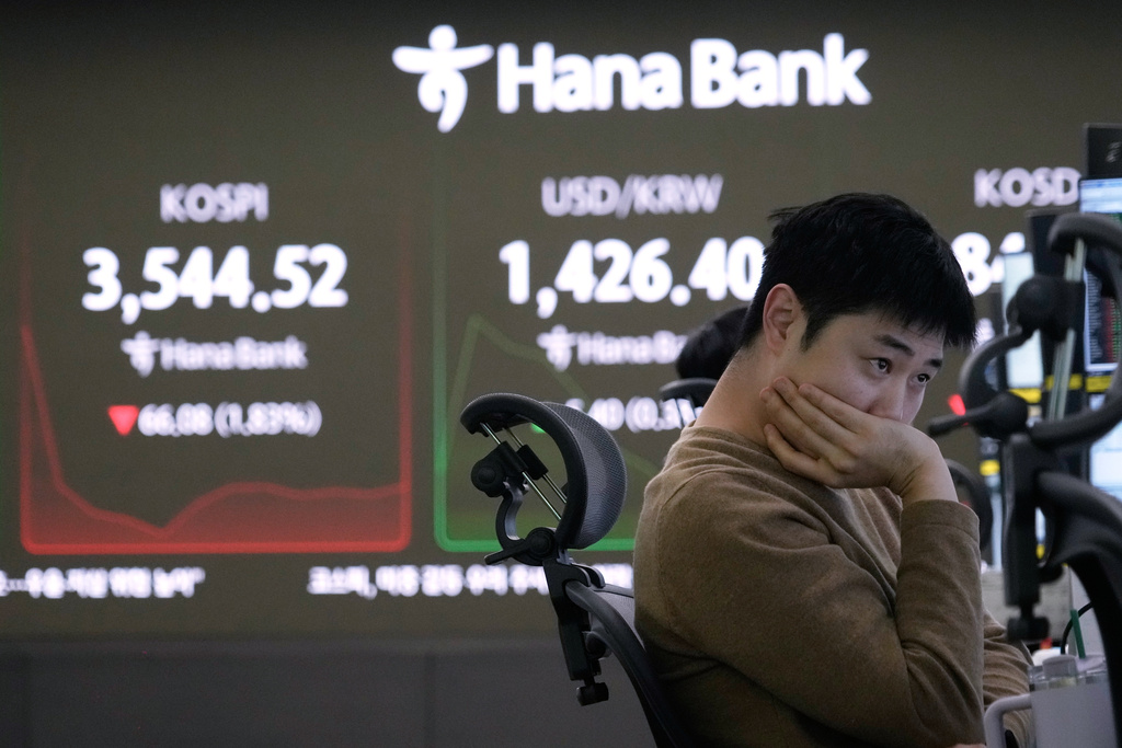 A currency trader watches monitors near a screen showing the Korea Composite Stock Price Index (KOSPI), left, and the foreign exchange rate between U.S. dollar and South Korean won at the foreign exchange dealing room of the Hana Bank headquarters in Seoul, South Korea, Monday, Oct. 13, 2025. (AP Photo/Ahn Young-joon)