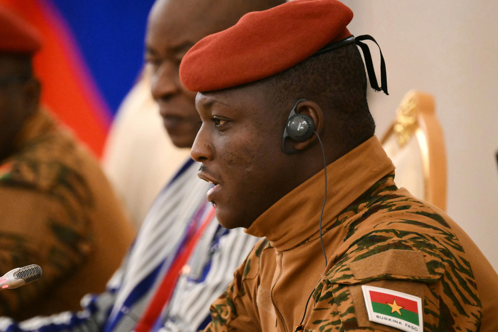 FILE - Burkina Faso President Ibrahim Traore speaks at the Kremlin in Moscow, Russia, on May 10, 2025. (Angelos Tzortzinis/Pool Photo via AP, File)