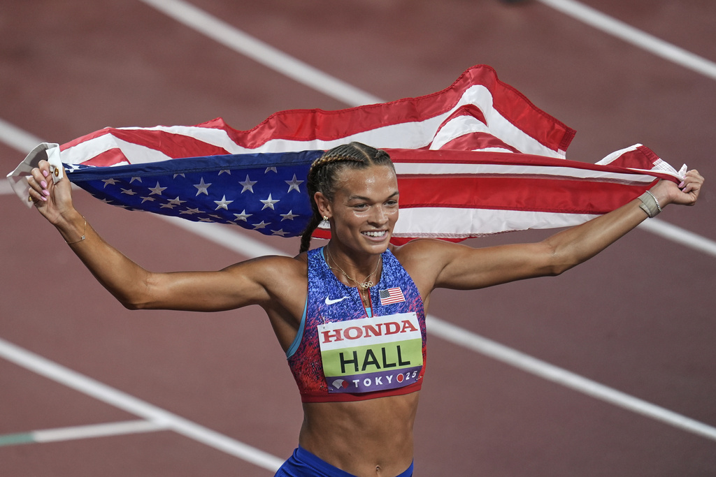 United States' Anna Hall celebrates after winning the gold medal in the heptathlon at the World Athletics Championships in Tokyo, Saturday, Sept. 20, 2025. (AP Photo/Abbie Parr)