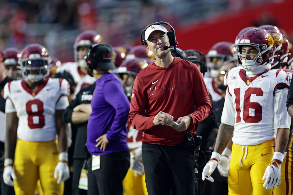Southern California head coach Lincoln Riley reacts during the second half of an NCAA college football game against Rutgers, Saturday, Sept. 19, 2026, in Piscataway, N.J. (AP Photo/Adam Hunger)