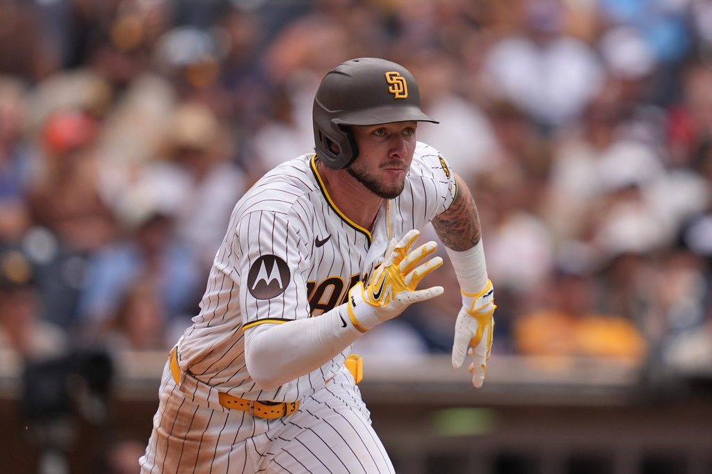 San Diego Padres' Jackson Merrill watches his RBI single during the eighth inning of a baseball game against the Washington Nationals Wednesday, Sept. 9, 2026, in San Diego. (AP Photo/Gregory Bull)