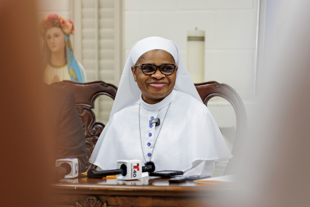Sister Leticia "Letty" Ugboaja at a news conference at Our Lady of Sorrows Catholic Church on Thursday, July 23, 2026, in McAllen, Texas. (AP Photo/Michael Gonzalez)