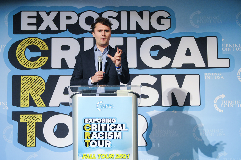 FILE - Turning Point USA founder Charlie Kirk speaks to the audience on his "Exposing Critical Racism Theory" tour on Oct. 5, 2021, in Mankato, Minn. (AP Photo/Jackson Forderer, File)