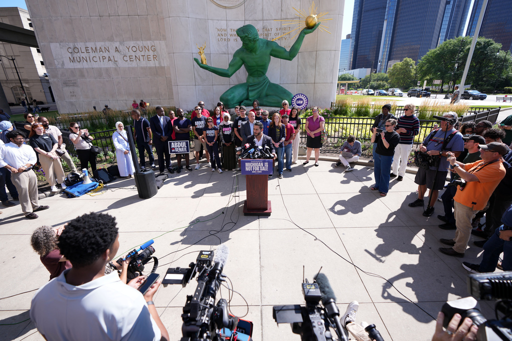 Abdul El-Sayed speaks during a news conference at the Spirit of Detroit shortly after winning the Democratic nomination for U.S. Senate in Michigan, Wednesday, Aug. 5, 2026, in Detroit. (AP Photo/Julia Demaree Nikhinson)