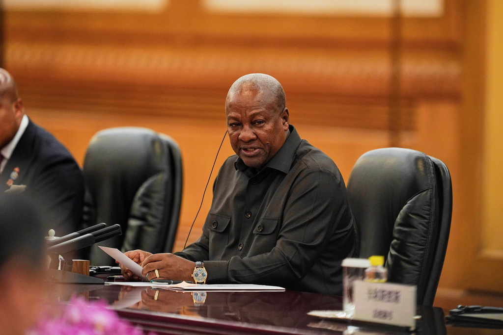 FILE - Ghana's President John Mahama speaks during a meeting with Chinese President Xi Jinping, unseen, at the Great Hall of the People in Beijing, China, Tuesday, Oct. 14, 2025. (Ichiro Banno/Pool Photo via AP, File)