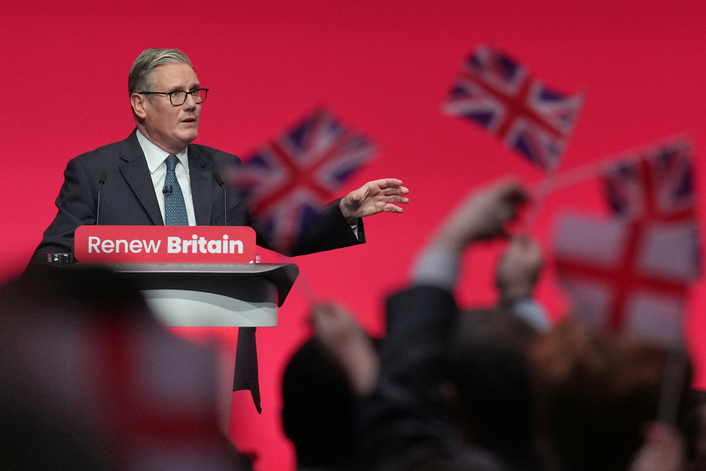 Britain's Prime Minister Keir Starmer gives his keynote speech at the annual Labour Party conference in Liverpool, England, Tuesday, Sept. 30, 2025. (AP Photo/Jon Super)
