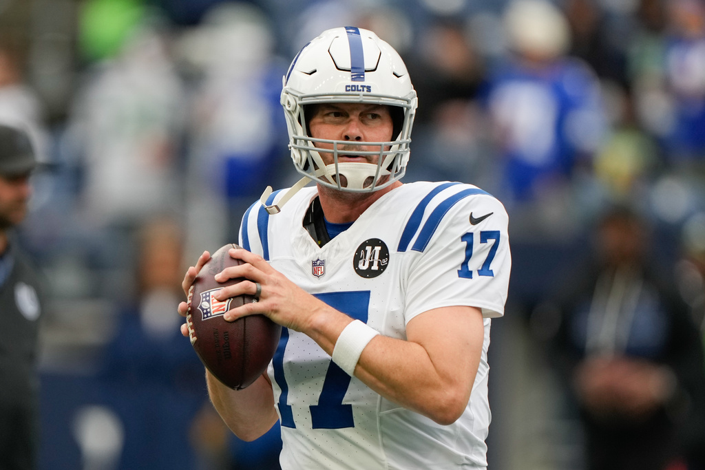 Indianapolis Colts quarterback Philip Rivers warms up before an NFL football game against the Seattle Seahawks, Sunday, Dec. 14, 2025, in Seattle. (AP Photo/Stephen Brashear)