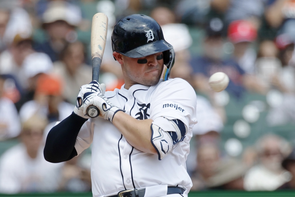 Detroit Tigers' Spencer Torkelson avoids an inside pitch against the Seattle Mariners during the first inning of a baseball game Sunday, July 13, 2025, in Detroit. (AP Photo/Duane Burleson)