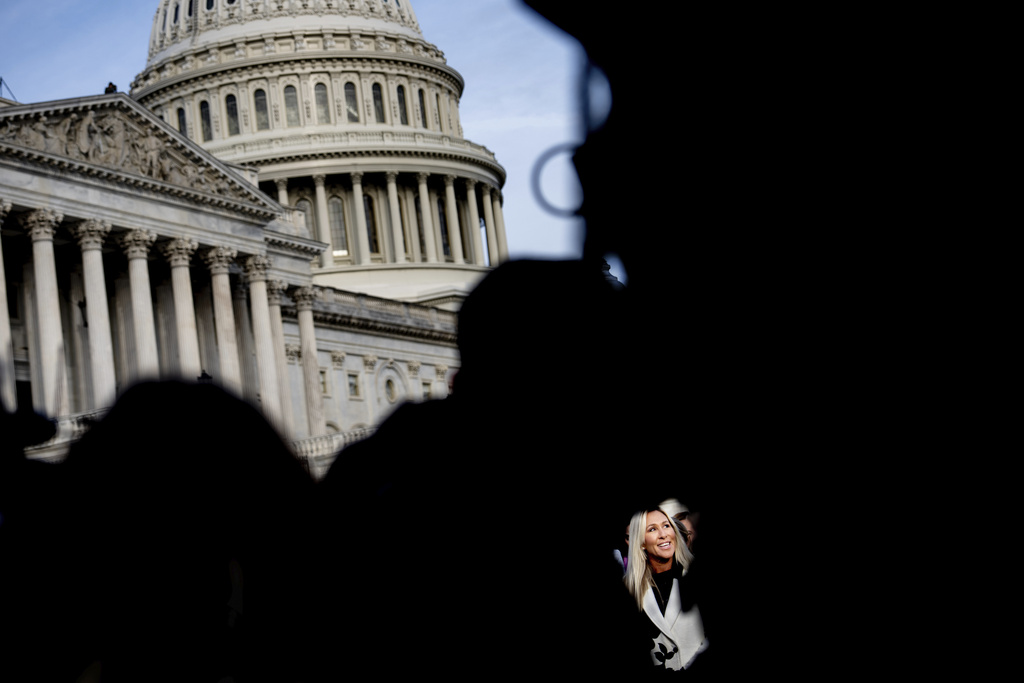 Rep. Marjorie Taylor Greene, R-Ga., attends a news conference on the Epstein Files Transparency Act, Tuesday, Nov. 18, 2025, outside the U.S. Capitol in Washington. (AP Photo/Julia Demaree Nikhinson)
