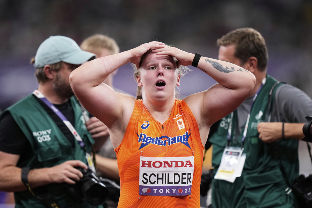 Netherlands' Jessica Schilder reacts after the women's shot put final at the World Athletics Championships in Tokyo, Saturday, Sept. 20, 2025. (AP Photo/Eugene Hoshiko)