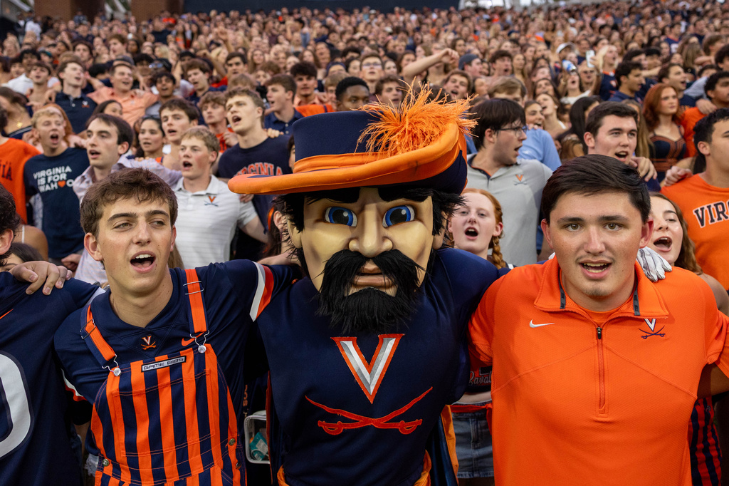 Virginia mascot, CavMan celebrates with fans during an NCAA college football game between Virginia and Norfolk State on Friday, Sept. 11, 2026, in Charlottesville, VA. (AP Photo/Mike Kropf)